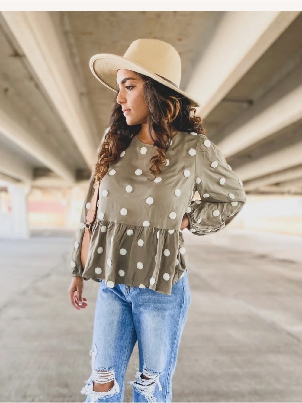 Blu Pepper Polka Dot Peplum Blouse - Olive Green